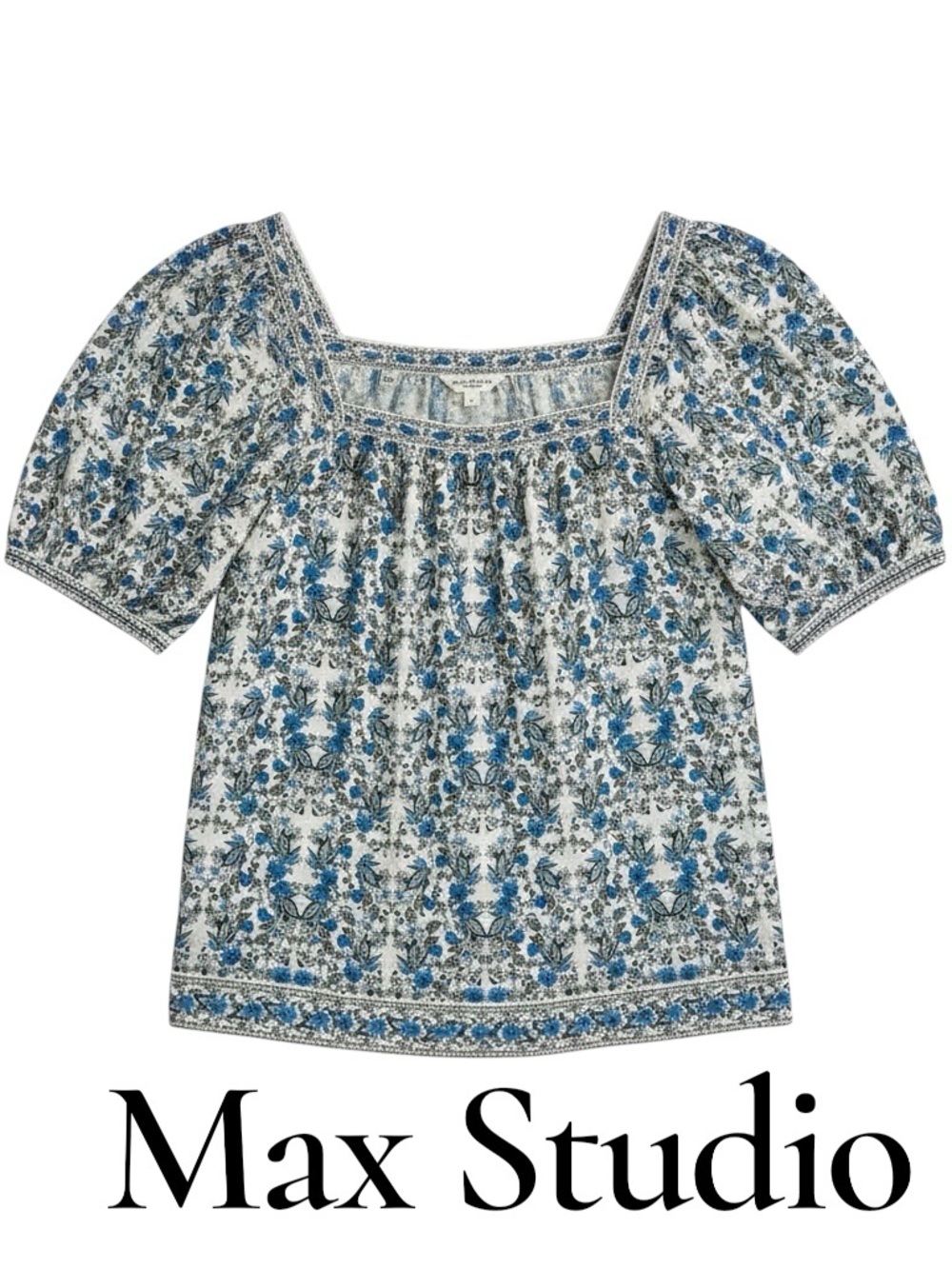 Max Studio Blue /White Floral Square-Neck Puff Sleeve Cotton Blend Blouse